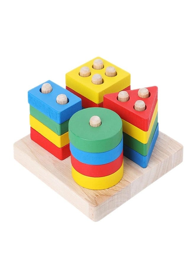 Smoneo Wooden 4 Shape Sorting & Stacking Toys for Toddlers, Montessori, Color Recognition Stacker Early Educational Blocks Puzzles for Boys & Girls, Kids Gift DM-23 - Image 2